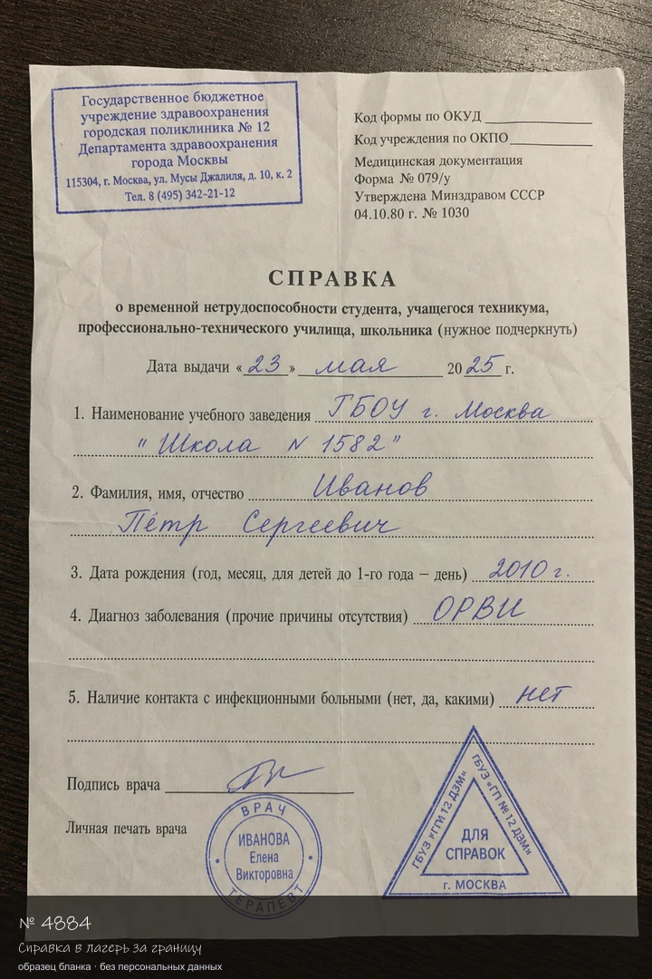 Образец бланка: Справка в лагерь за границу