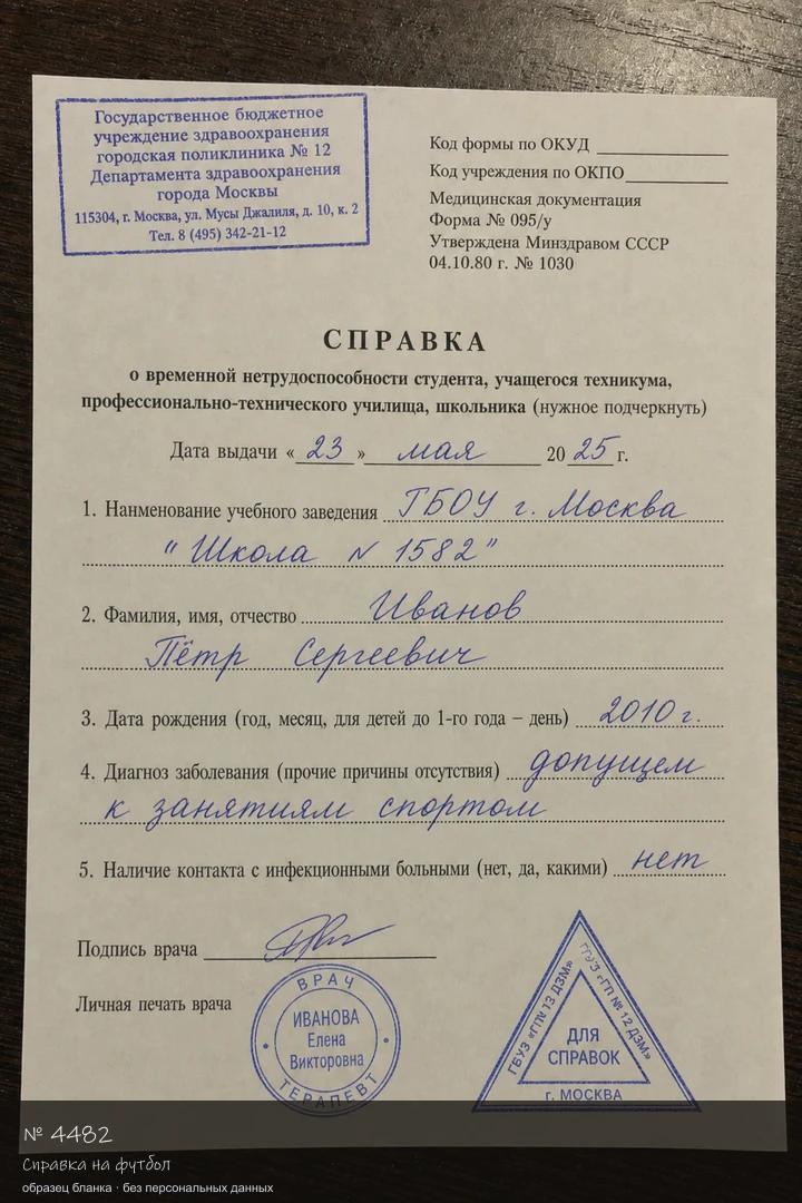 Образец бланка: Справка на футбол
