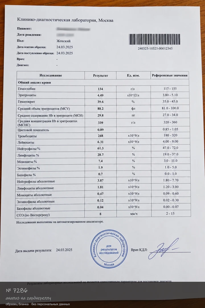 Образец бланка: Купить анализ на гарднереллу в Москве